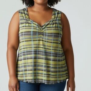 I E Woman Size 1X Olive and Gray Plaid Sleeveless V-Neck Top